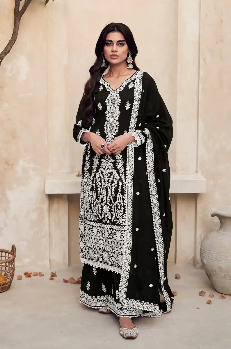 Black Heavy Vichitra Embroidery Sharara Suit | Jump Suits, Salwar suit, Casual Suits, Creative suits, Designer Suits, Palazzo Suits, Party Wear Suits, Patiala Suits, Straight Suits