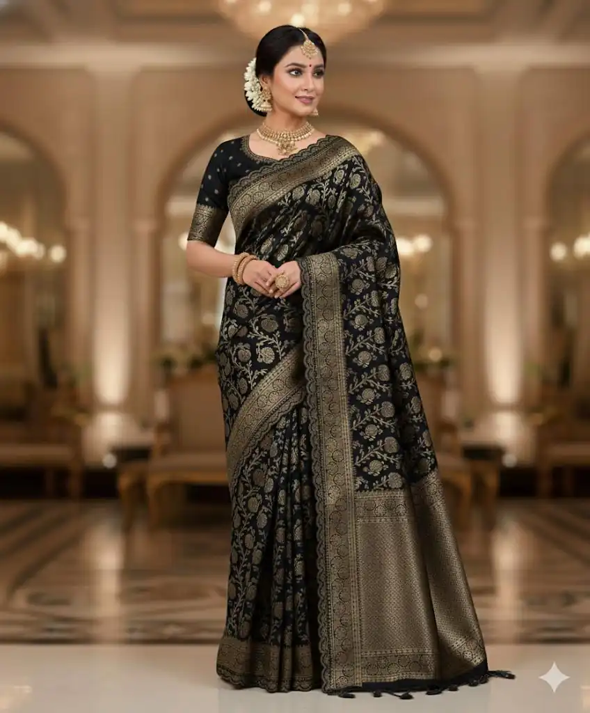 Black Litchi Silk Embroidery Lace Work Saree | Sarees, Bollywood Sarees, Creative Sarees, Designer Sarees, Embroidered Sarees, Ethnic Saree, Modern Digital sarees, Party Wear Sarees