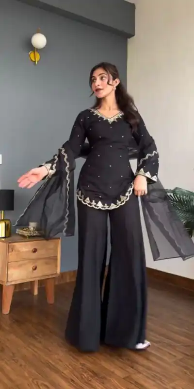 Black Natural Crap Silk With Embroider Salwar Suit | Jump Suits, Tops & Bottoms, Track Suits, Salwar suit, Casual Suits, Creative suits, Designer Suits, Palazzo Suits, Party Wear Suits, Patiala Suits, Straight Suits, Trendy Wear