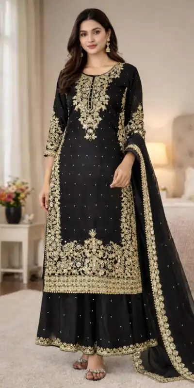 Black Organza Silk Embroidery Work Salwar Suit | Jump Suits, Salwar suit, Casual Suits, Creative suits, Designer Suits, Palazzo Suits, Party Wear Suits, Patiala Suits, Straight Suits