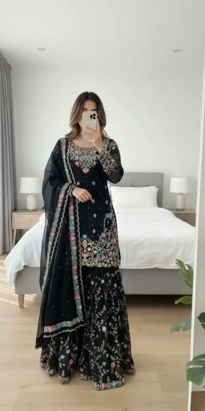 Black Organza Silk Sequence Moti Work Salwar Suit | Jump Suits, Salwar suit, Casual Suits, Creative suits, Designer Suits, Palazzo Suits, Party Wear Suits, Patiala Suits, Straight Suits