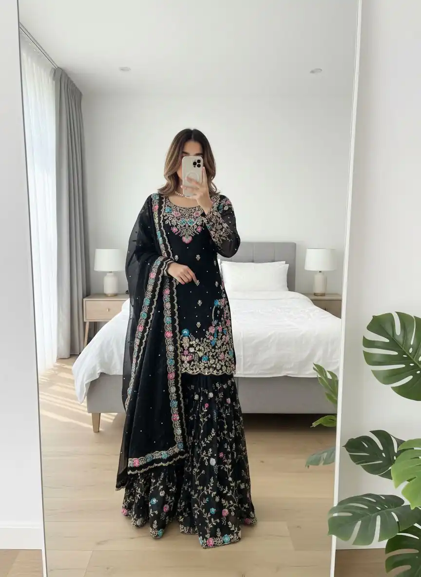 Black Organza Silk Sequence Moti Work Salwar Suit | Jump Suits, Salwar suit, Casual Suits, Creative suits, Designer Suits, Palazzo Suits, Party Wear Suits, Patiala Suits, Straight Suits