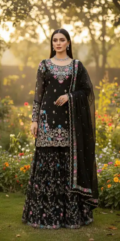 Black Organza Silk Sequence Moti Work Salwar Suit | Jump Suits, Salwar suit, Casual Suits, Creative suits, Designer Suits, Palazzo Suits, Party Wear Suits, Patiala Suits, Straight Suits