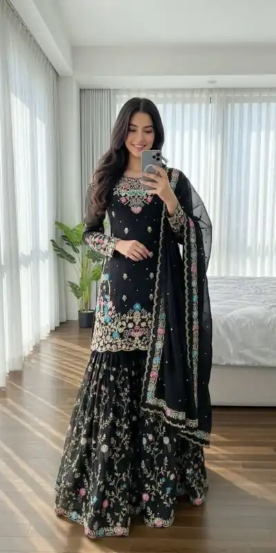 Black Organza Silk Sequence Moti Work Salwar Suit | Jump Suits, Salwar suit, Casual Suits, Creative suits, Designer Suits, Palazzo Suits, Party Wear Suits, Patiala Suits, Straight Suits