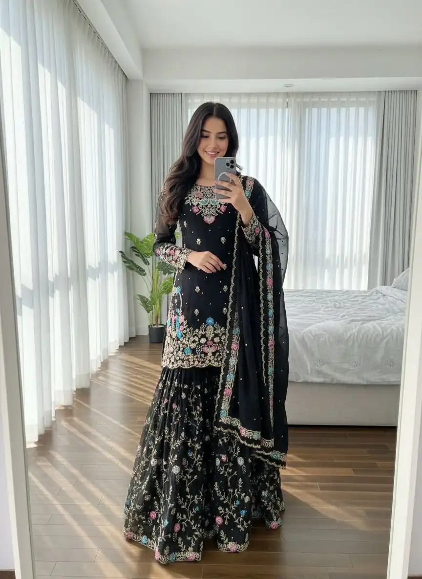 Black Organza Silk Sequence Moti Work Salwar Suit | Jump Suits, Salwar suit, Casual Suits, Creative suits, Designer Suits, Palazzo Suits, Party Wear Suits, Patiala Suits, Straight Suits