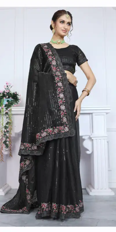 Black Premium Jimmy choo Silk Saree | Sarees, Bollywood Sarees, Creative Sarees, Designer Sarees, Embroidered Sarees, Ethnic Saree, Modern Digital sarees, Party Wear Sarees
