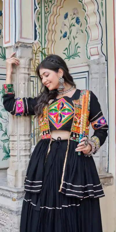 Black Pure Cotton Mirror Gamthi Work Lehenga Choli | Lehenga, Bollywood Lehenga, Creative Lehenga, Designer Lehenga, Embroidered Lehenga, Party Wear Lehenga