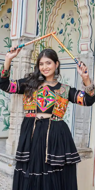 Black Pure Cotton Mirror Gamthi Work Lehenga Choli | Lehenga, Bollywood Lehenga, Creative Lehenga, Designer Lehenga, Embroidered Lehenga, Party Wear Lehenga