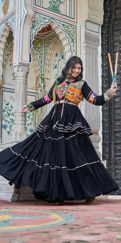 Black Pure Cotton Mirror Gamthi Work Lehenga Choli | Lehenga, Bollywood Lehenga, Creative Lehenga, Designer Lehenga, Embroidered Lehenga, Party Wear Lehenga