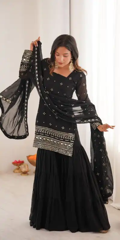Black Pure Georgette Sequence Work Salwar Suit | Jump Suits, Salwar suit, Casual Suits, Creative suits, Designer Suits, Palazzo Suits, Party Wear Suits, Patiala Suits, Straight Suits