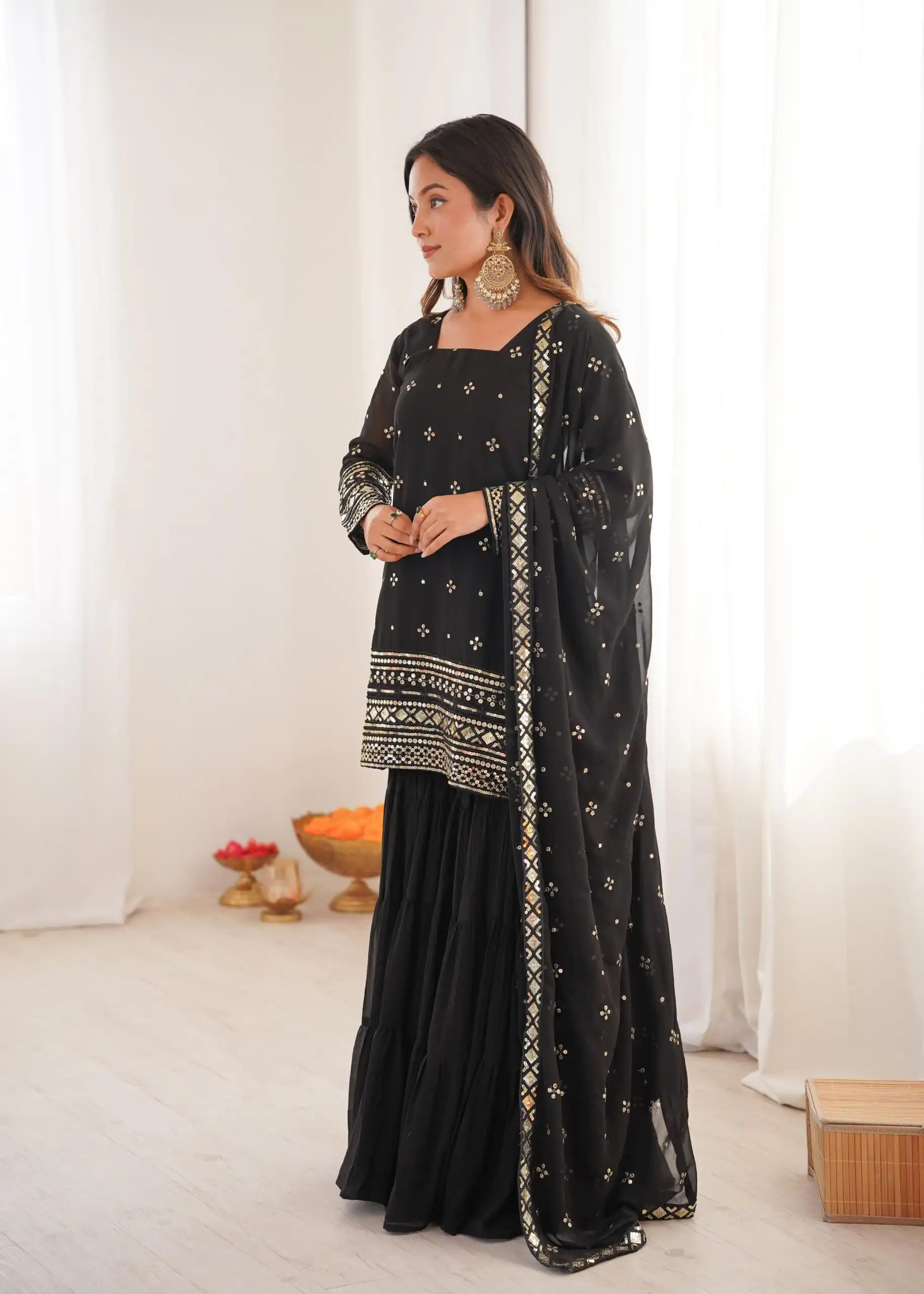Black Pure Georgette Sequence Work Salwar Suit | Jump Suits, Salwar suit, Casual Suits, Creative suits, Designer Suits, Palazzo Suits, Party Wear Suits, Patiala Suits, Straight Suits
