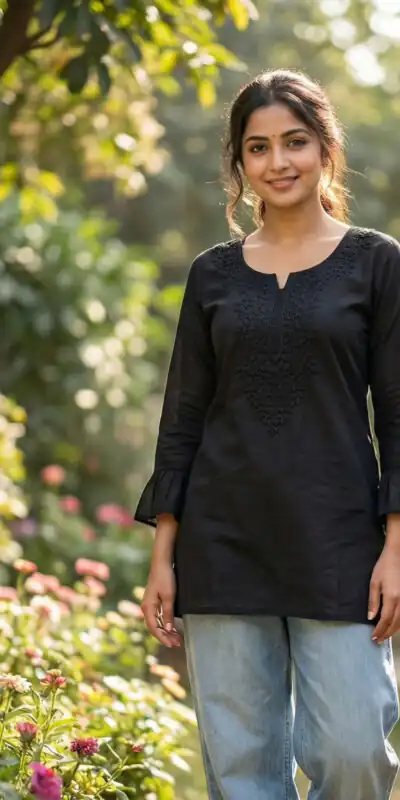 Black Rayon Chikan Work Kurti | Kurti, Bollywood Kurti, Creative Kurtis, Designer Kurti, Party Wear Kurti, Selfie Kurti