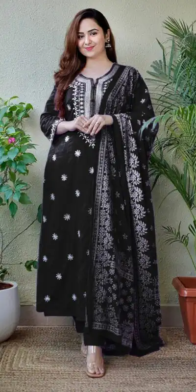 Black Rayon Cotton Embroidery Work Salwar Suit | Jump Suits, Salwar suit, Casual Suits, Creative suits, Designer Suits, Palazzo Suits, Party Wear Suits, Patiala Suits, Straight Suits