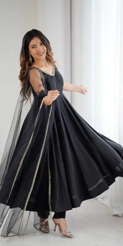 Black Roman Silk Chanderi Mirror Work Gown | Jump Suits, Salwar suit, Casual Suits, Creative suits, Designer Suits, Palazzo Suits, Party Wear Suits, Patiala Suits, Straight Suits