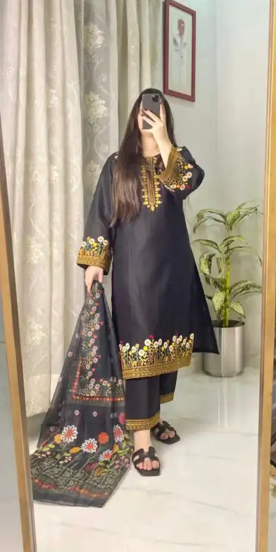 Black Roman Silk With Embroidery Salwar Suit | Jump Suits, Tops & Bottoms, Track Suits, Salwar suit, Casual Suits, Creative suits, Designer Suits, Palazzo Suits, Party Wear Suits, Patiala Suits, Straight Suits, Trendy Wear