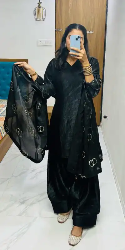Black Silk Salwar Suit | Jump Suits, Salwar suit, Casual Suits, Creative suits, Designer Suits, Palazzo Suits, Party Wear Suits, Patiala Suits, Straight Suits