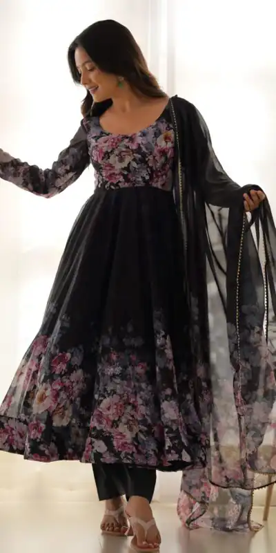 Black Soft Organza Silk Print With Kali Gown | Gowns, Bollywood Gowns, Creative Gowns, Designer Gowns, Embroidered Gowns, Party Wear Gowns