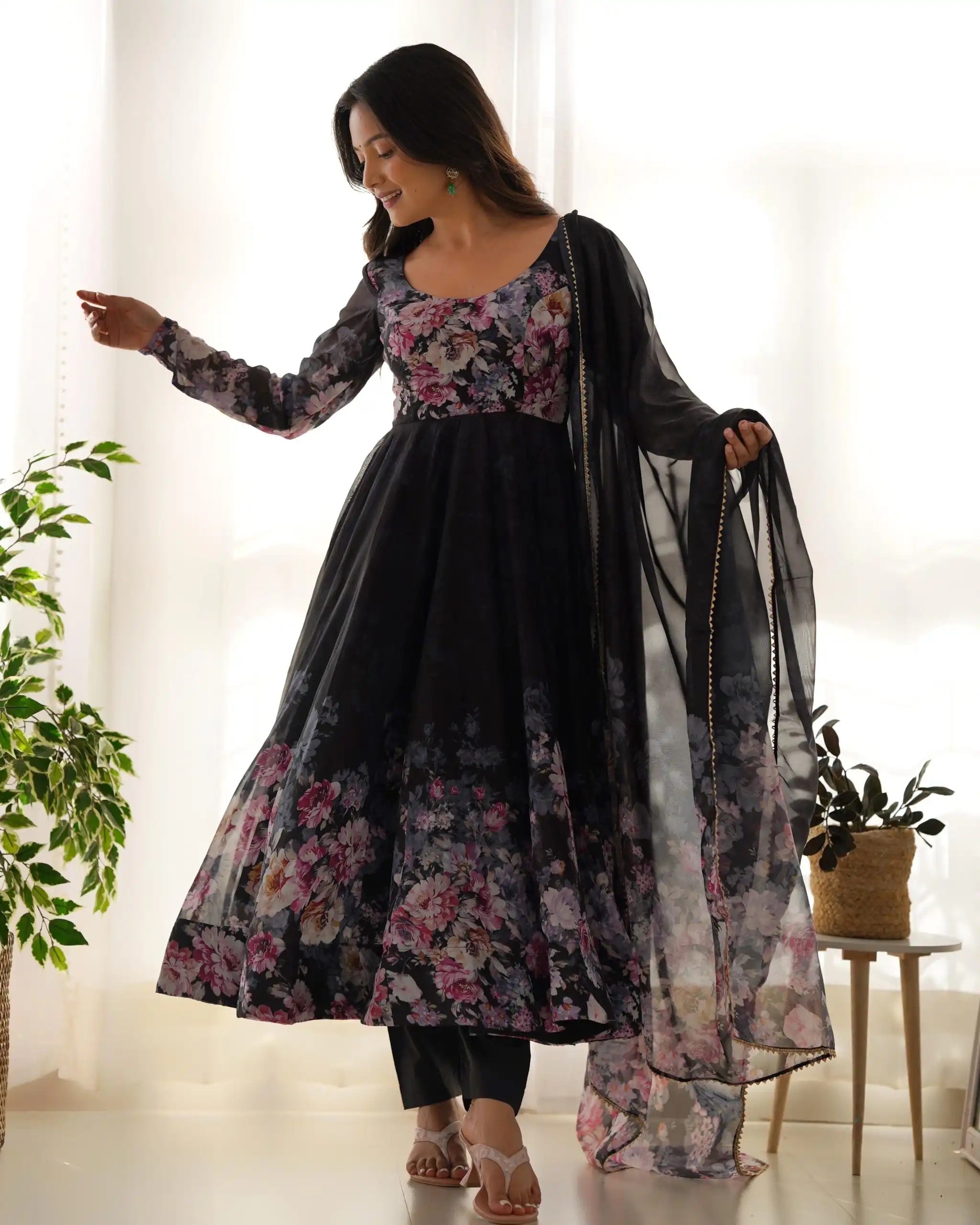 Black Soft Organza Silk Print With Kali Gown | Gowns, Bollywood Gowns, Creative Gowns, Designer Gowns, Embroidered Gowns, Party Wear Gowns