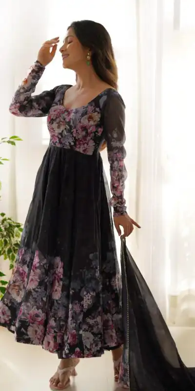 Black Soft Organza Silk Print With Kali Gown | Gowns, Bollywood Gowns, Creative Gowns, Designer Gowns, Embroidered Gowns, Party Wear Gowns