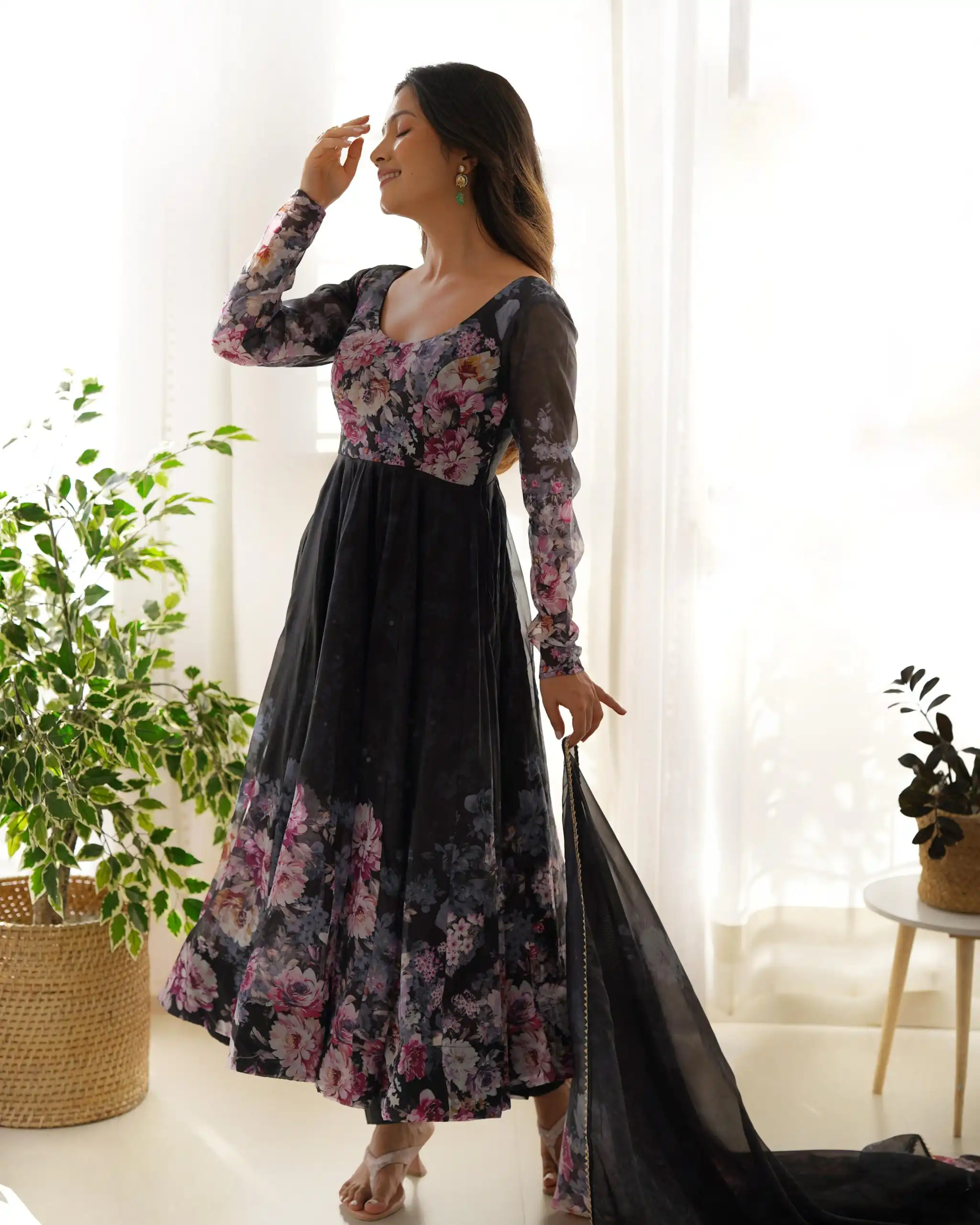 Black Soft Organza Silk Print With Kali Gown | Gowns, Bollywood Gowns, Creative Gowns, Designer Gowns, Embroidered Gowns, Party Wear Gowns