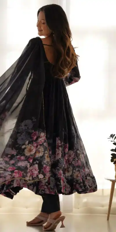Black Soft Organza Silk Print With Kali Gown | Gowns, Bollywood Gowns, Creative Gowns, Designer Gowns, Embroidered Gowns, Party Wear Gowns
