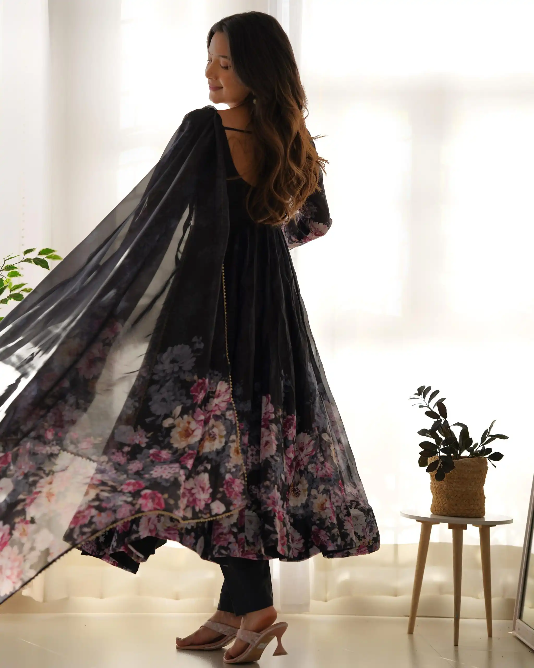 Black Soft Organza Silk Print With Kali Gown | Gowns, Bollywood Gowns, Creative Gowns, Designer Gowns, Embroidered Gowns, Party Wear Gowns