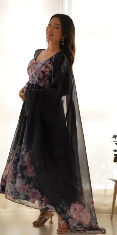 Black Soft Organza Silk Print With Kali Gown | Gowns, Bollywood Gowns, Creative Gowns, Designer Gowns, Embroidered Gowns, Party Wear Gowns