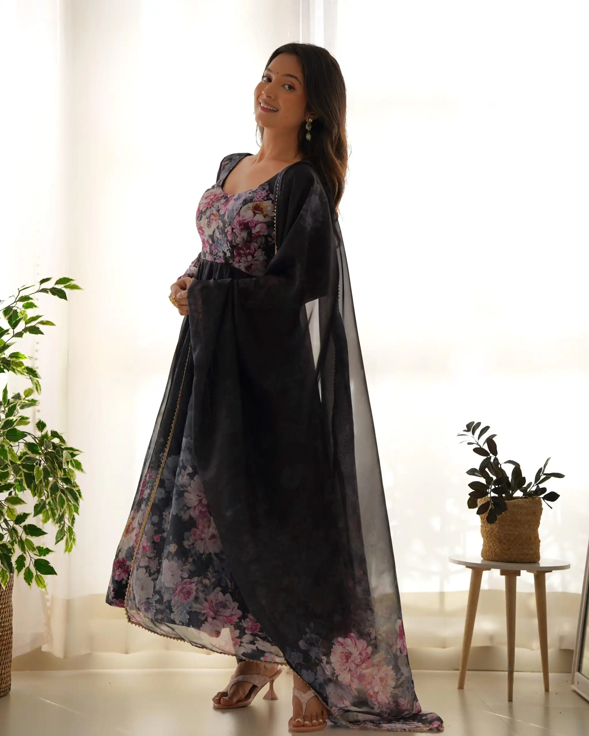 Black Soft Organza Silk Print With Kali Gown | Gowns, Bollywood Gowns, Creative Gowns, Designer Gowns, Embroidered Gowns, Party Wear Gowns