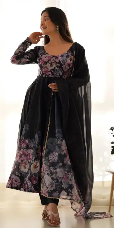 Black Soft Organza Silk Print With Kali Gown | Gowns, Bollywood Gowns, Creative Gowns, Designer Gowns, Embroidered Gowns, Party Wear Gowns