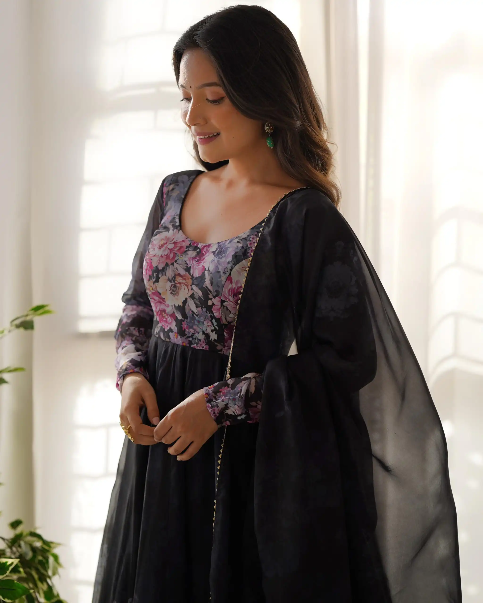 Black Soft Organza Silk Print With Kali Gown | Gowns, Bollywood Gowns, Creative Gowns, Designer Gowns, Embroidered Gowns, Party Wear Gowns