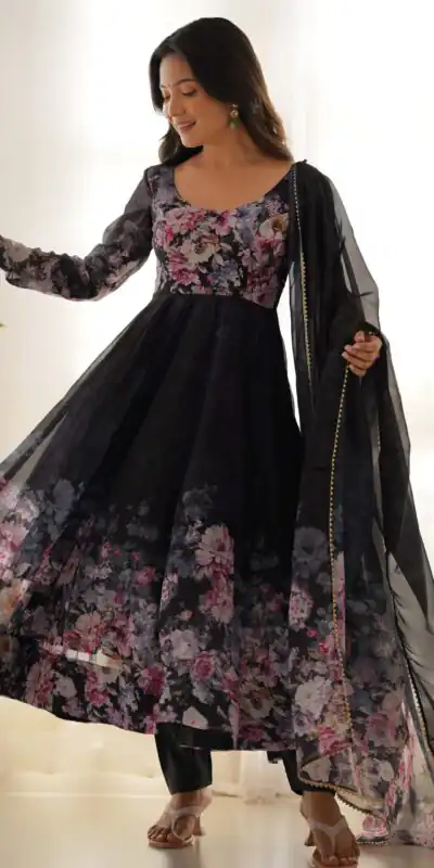 Black Soft Organza Silk Print With Kali Gown | Gowns, Bollywood Gowns, Creative Gowns, Designer Gowns, Embroidered Gowns, Party Wear Gowns