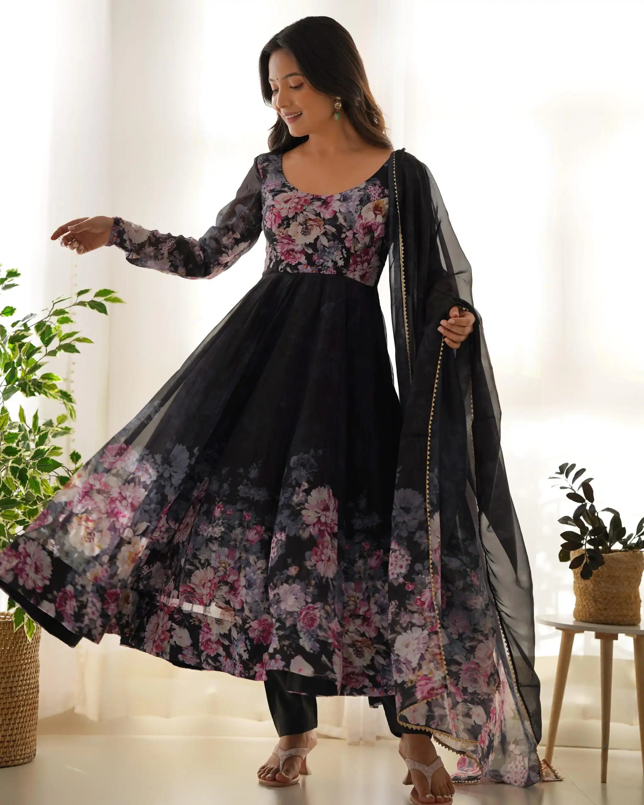 Black Soft Organza Silk Print With Kali Gown | Gowns, Bollywood Gowns, Creative Gowns, Designer Gowns, Embroidered Gowns, Party Wear Gowns