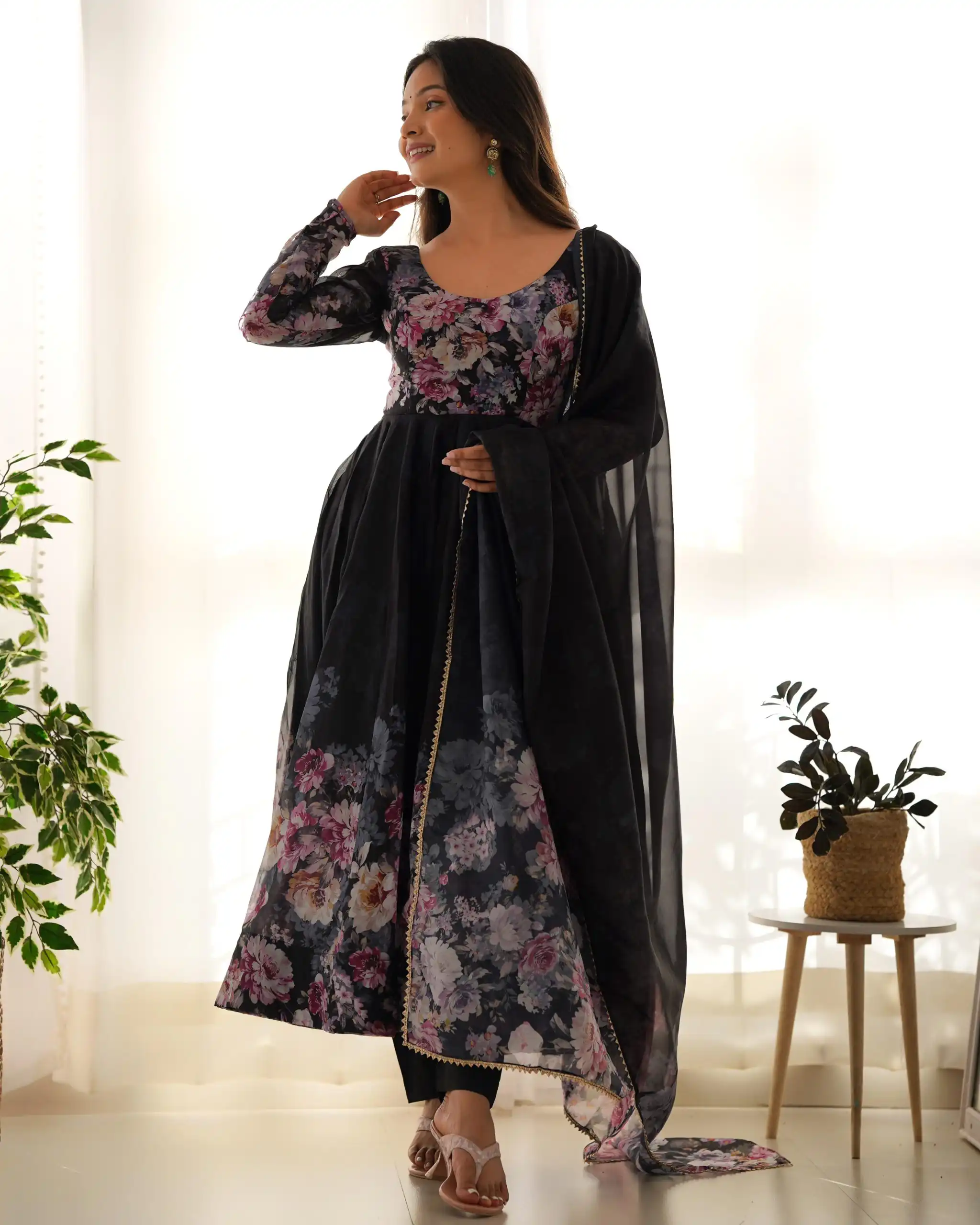 Black Soft Organza Silk Print With Kali Gown | Gowns, Bollywood Gowns, Creative Gowns, Designer Gowns, Embroidered Gowns, Party Wear Gowns