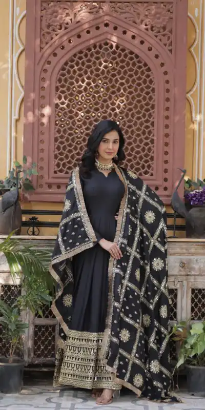 Black Star Georgette Zari Embroidery Work Gown | Gowns, Bollywood Gowns, Creative Gowns, Designer Gowns, Embroidered Gowns, Party Wear Gowns