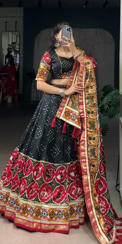 Black Tasar Silk Gamthi Work Lehenga Choli | Lehenga, Bollywood Lehenga, Creative Lehenga, Designer Lehenga, Embroidered Lehenga, Party Wear Lehenga