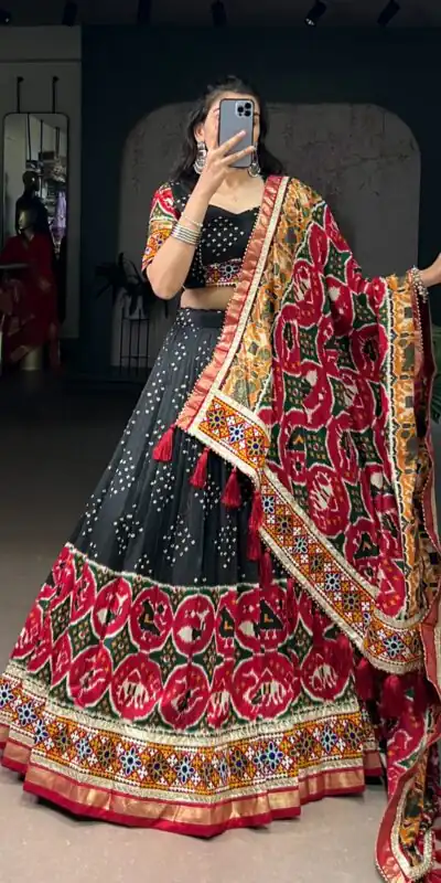 Black Tasar Silk Gamthi Work Lehenga Choli | Lehenga, Bollywood Lehenga, Creative Lehenga, Designer Lehenga, Embroidered Lehenga, Party Wear Lehenga