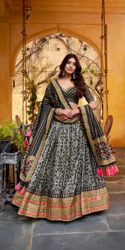 Black Tasar Silk Gotta Patti Lace Work Lehenga Choli | Lehenga, Bollywood Lehenga, Creative Lehenga, Designer Lehenga, Embroidered Lehenga, Party Wear Lehenga