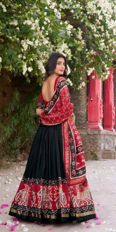 Black Tushar Silk Patola Printed Lehenga Choli | Lehenga, Bollywood Lehenga, Creative Lehenga, Designer Lehenga, Embroidered Lehenga, Party Wear Lehenga