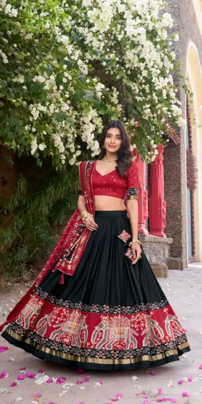 Black Tushar Silk Patola Printed Lehenga Choli | Lehenga, Bollywood Lehenga, Creative Lehenga, Designer Lehenga, Embroidered Lehenga, Party Wear Lehenga