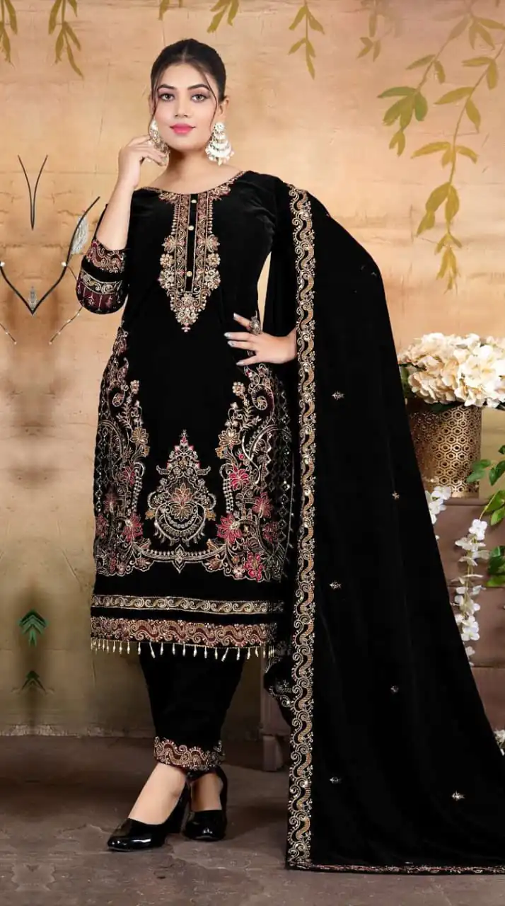 Black Velvet Embroidery Lace Work Salwar Suit | Jump Suits, Salwar suit, Casual Suits, Creative suits, Designer Suits, Palazzo Suits, Party Wear Suits, Patiala Suits, Straight Suits