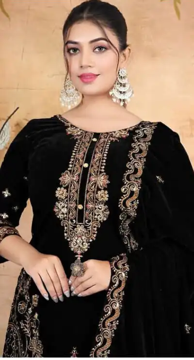 Black Velvet Embroidery Lace Work Salwar Suit | Jump Suits, Salwar suit, Casual Suits, Creative suits, Designer Suits, Palazzo Suits, Party Wear Suits, Patiala Suits, Straight Suits