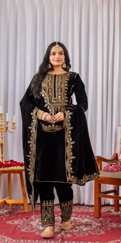 Black Velvet Sequence 5 mm Work Salwar Suit | Jump Suits, Salwar suit, Casual Suits, Creative suits, Designer Suits, Palazzo Suits, Party Wear Suits, Patiala Suits, Straight Suits