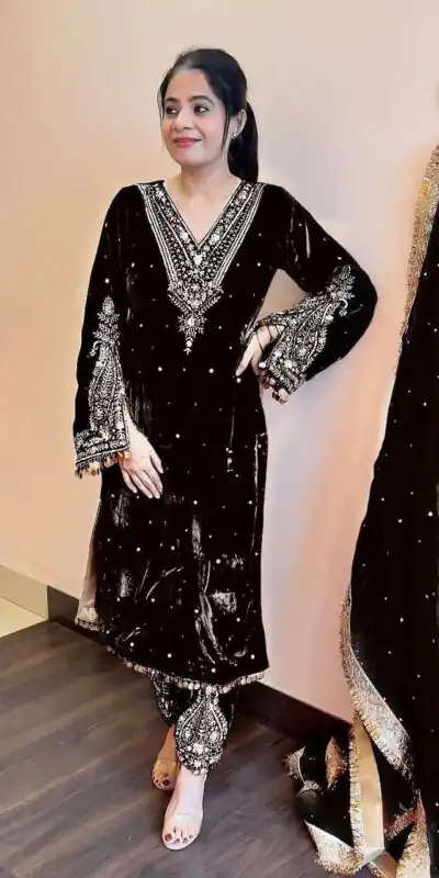 Black Viscose Velvet Embroidery Salwar Suit | Jump Suits, Salwar suit, Casual Suits, Creative suits, Designer Suits, Palazzo Suits, Party Wear Suits, Patiala Suits, Straight Suits