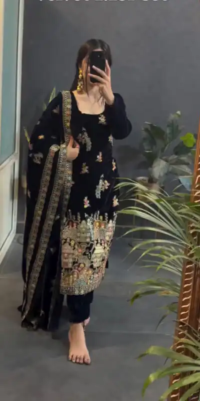 Black Viscose Velvet Embroidery Work Salwar Suit | Jump Suits, Salwar suit, Casual Suits, Creative suits, Designer Suits, Palazzo Suits, Party Wear Suits, Patiala Suits, Straight Suits
