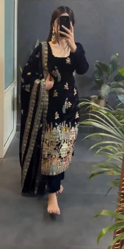 Black Viscose Velvet Embroidery Work Salwar Suit | Jump Suits, Salwar suit, Casual Suits, Creative suits, Designer Suits, Palazzo Suits, Party Wear Suits, Patiala Suits, Straight Suits