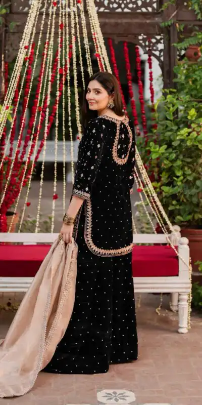 Black Viscose Velvet Thread Sequence Work Salwar Suit | Jump Suits, Tops & Bottoms, Track Suits, Salwar suit, Casual Suits, Creative suits, Designer Suits, Palazzo Suits, Party Wear Suits, Patiala Suits, Straight Suits, Trendy Wear