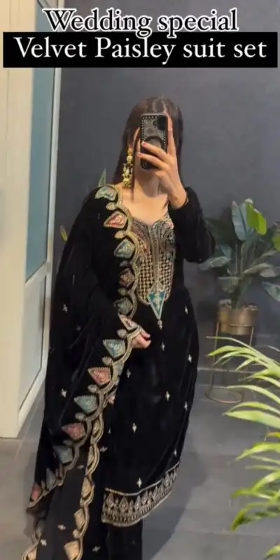Black Viscose Velvet With Embroidery Work Salwar Suit | Jump Suits, Tops & Bottoms, Track Suits, Salwar suit, Casual Suits, Creative suits, Designer Suits, Palazzo Suits, Party Wear Suits, Patiala Suits, Straight Suits, Trendy Wear