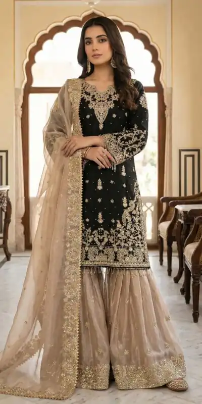 Black Zimmy Choo Silk Embroidery Work Slwar Suit | Jump Suits, Tops & Bottoms, Track Suits, Salwar suit, Casual Suits, Creative suits, Designer Suits, Palazzo Suits, Party Wear Suits, Patiala Suits, Straight Suits, Trendy Wear