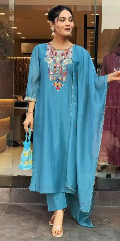 Blue Chanderi Silk With Mirror Work Embroidery Salwar Suit | Jump Suits, Salwar suit, Casual Suits, Creative suits, Designer Suits, Palazzo Suits, Party Wear Suits, Patiala Suits, Straight Suits