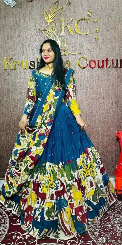Blue Chent Crep Kalamkari Print Lehenga Choli | Jump Suits, Salwar suit, Casual Suits, Creative suits, Designer Suits, Palazzo Suits, Party Wear Suits, Patiala Suits, Straight Suits